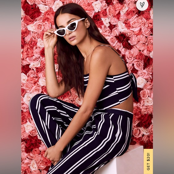 New w/o tags. Lulu’s Coastal Living Blue/White Striped 2 Piece Jumpsuit. - Picture 2 of 8